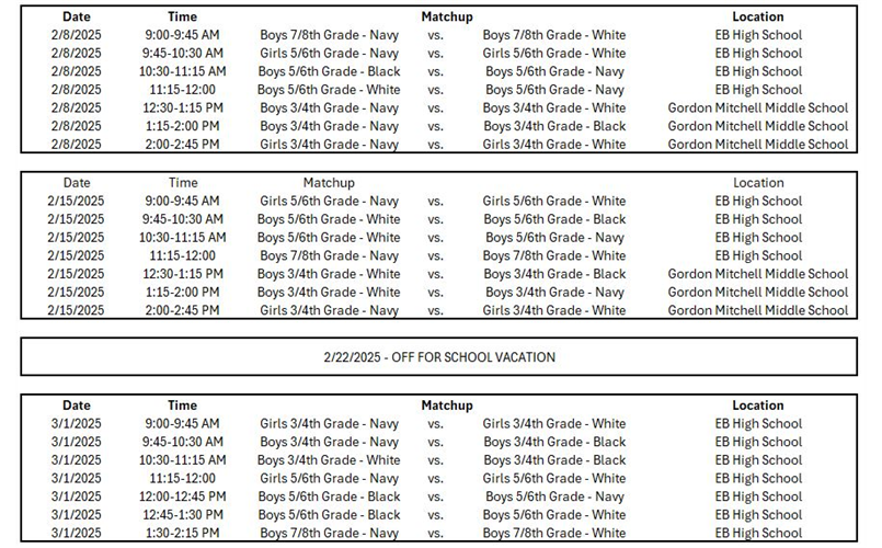 Town Basketball Schedule 2.8 - 3.1