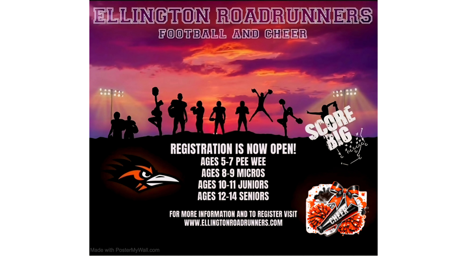 Join The Ellington Roadrunners Football & Cheer Program. All Surrounding Towns Are Welcome!