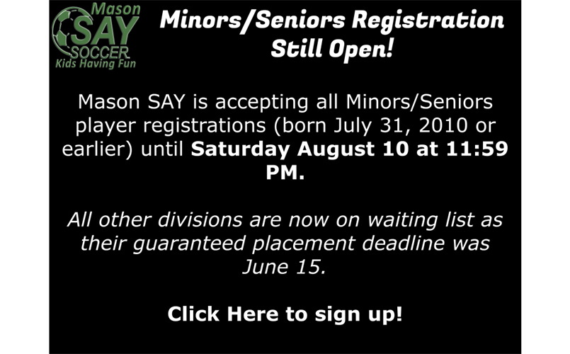 Minors/Seniors Registration Still Open!
