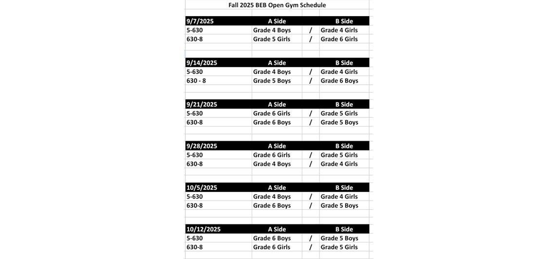 Fall Open Gym Schedule