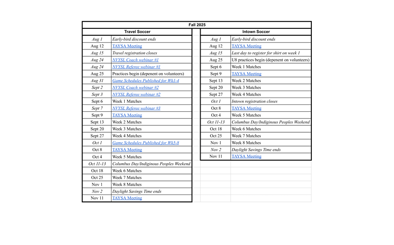 TAYSA Fall Calendar