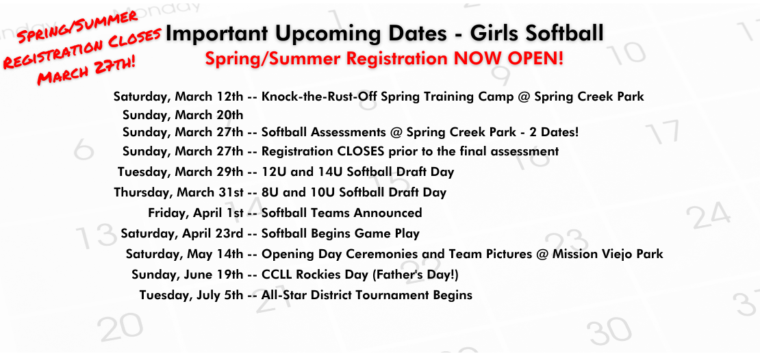 Girls Softball - Upcoming Dates