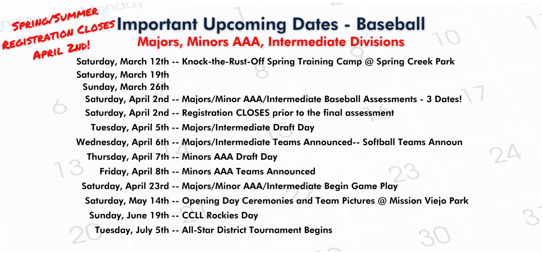 Baseball Majors, Minors AAA, Intermediate Divisions - Upcoming Dates