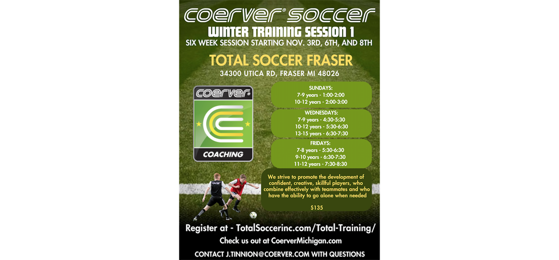 Sunday, Wednesday, and Friday Coerver Training at Total Soccer Fraser!